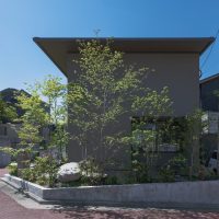 室内から見える植栽とウッドデッキのある外構