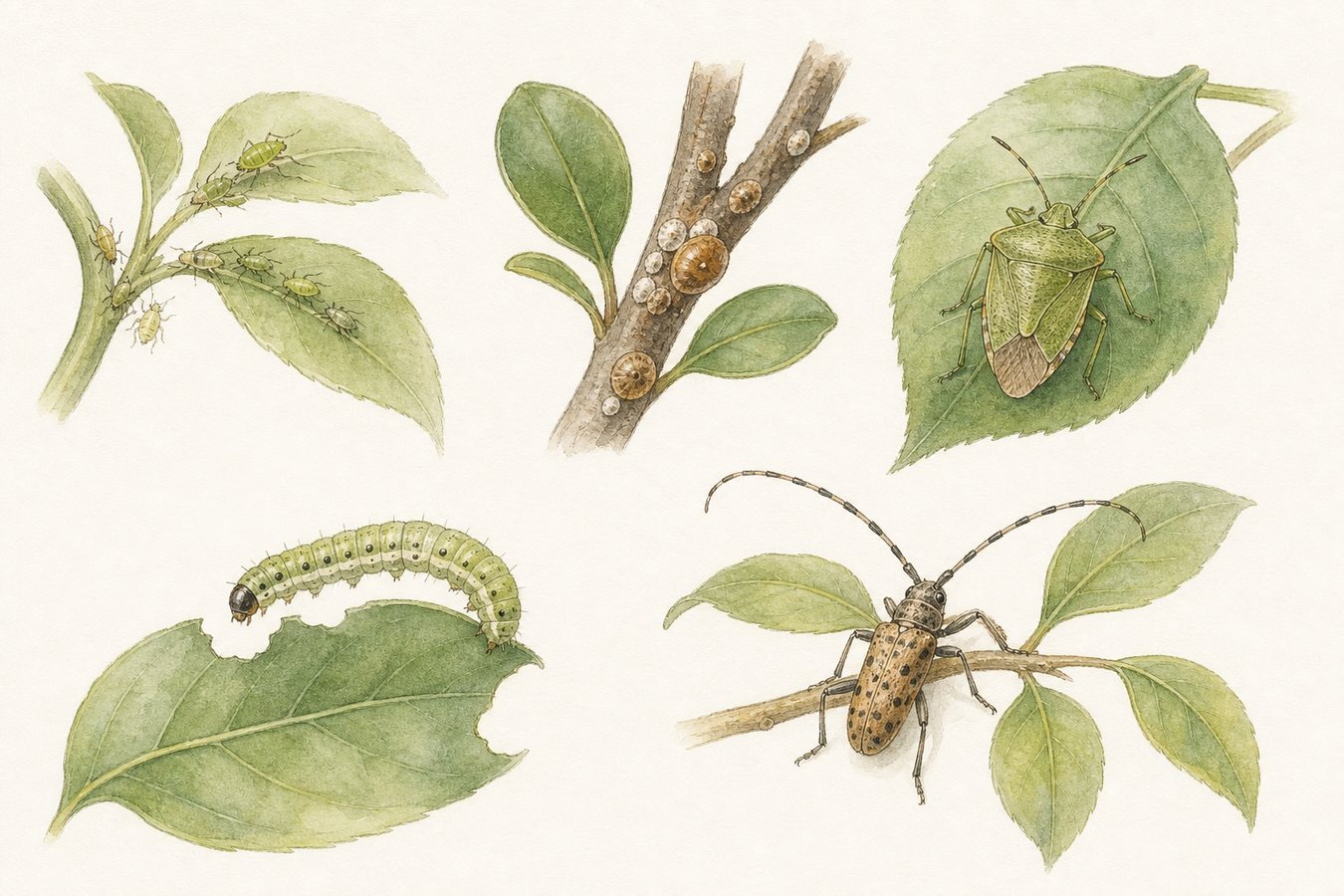 庭木につきやすいアブラムシ、カイガラムシ、カメムシ、毛虫、カミキリムシを描いた図鑑風イラスト
