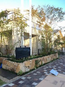 石積みの外構に植えられたサルスベリ